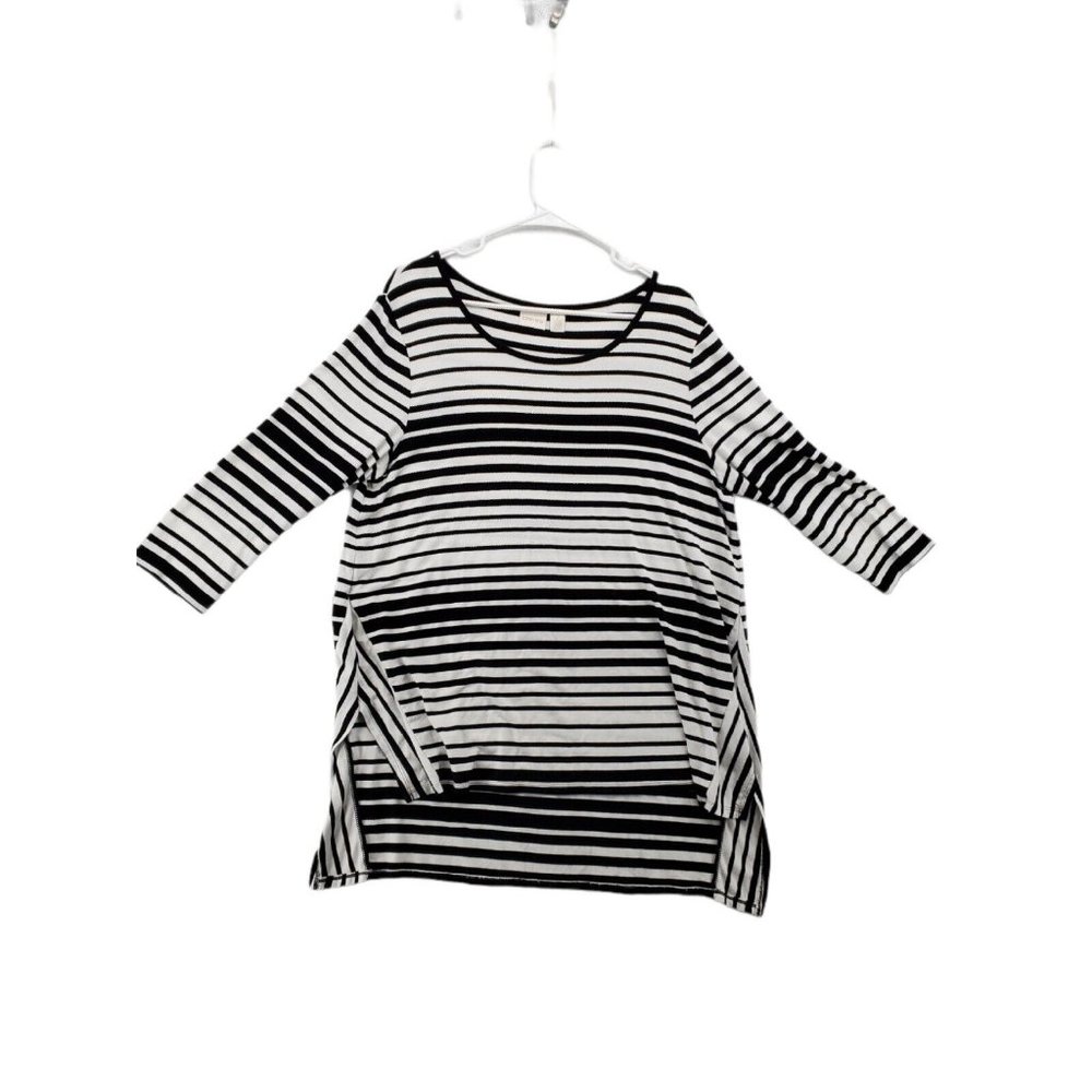 CHICOS Shirt Women’s 3/4 Sleeve Striped Tunic Cotton Blend Black/White 2(LG-12)